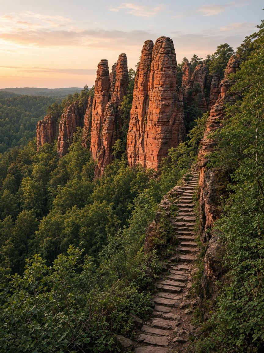 Rote Sandsteintürme ragen aus dem Kiefernwald im Dahner Felsenland