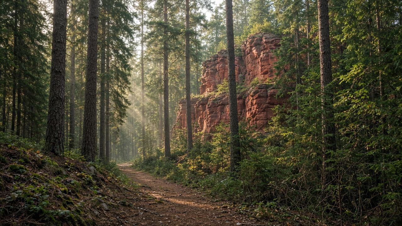 Wanderweg führt durch Kiefernwald zu roten Sandsteinfelsen im Pfälzerwald